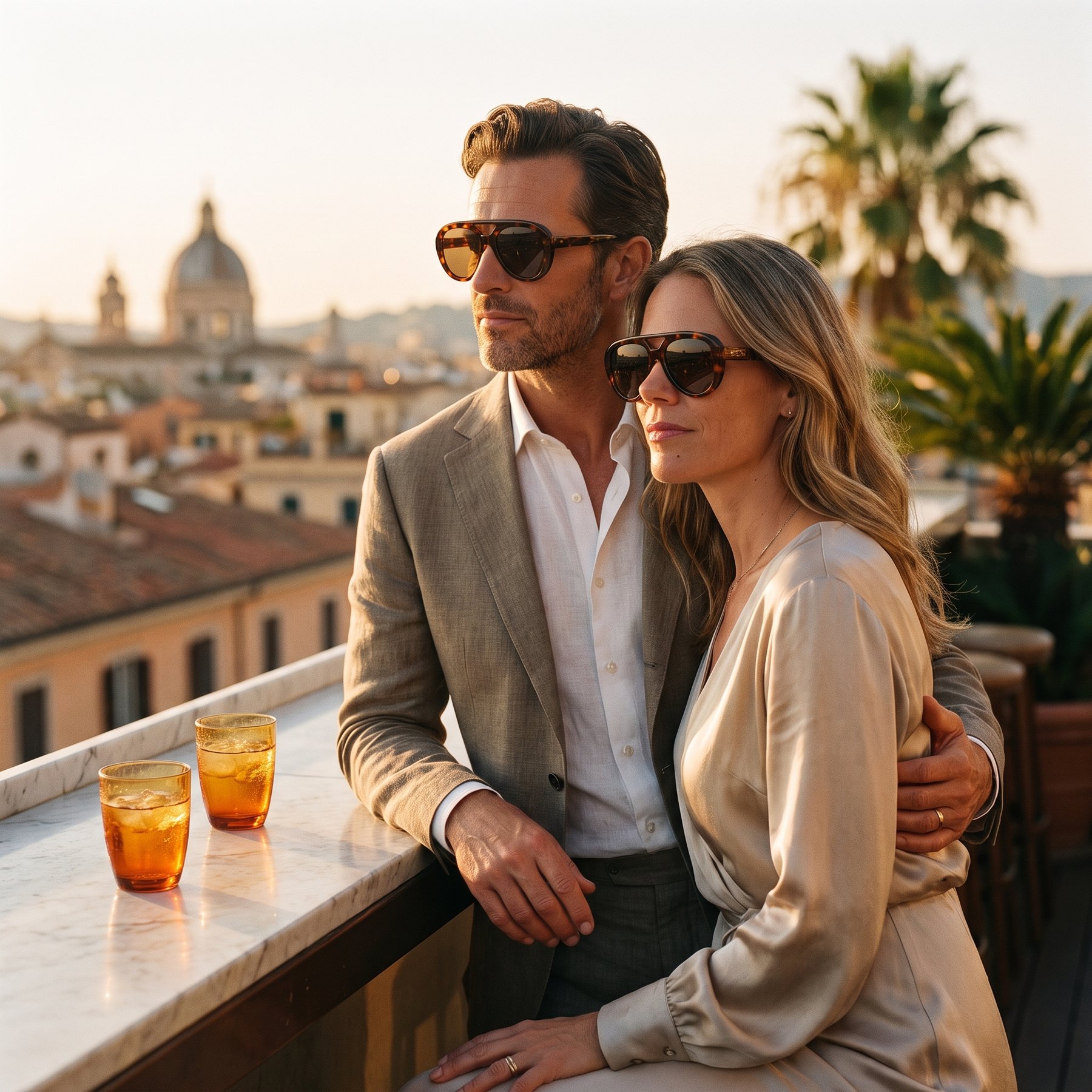 Dachterrasse zu zweit — Aperitivo, Dächer, goldenes Licht.